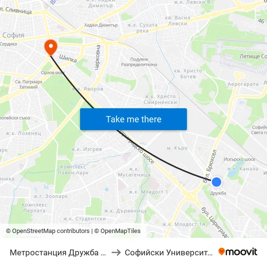 Ⓜ️ Метростанция Дружба / Druzhba Metro Station (0236) to Софийски Университет “Св. Климент Охридски"" map