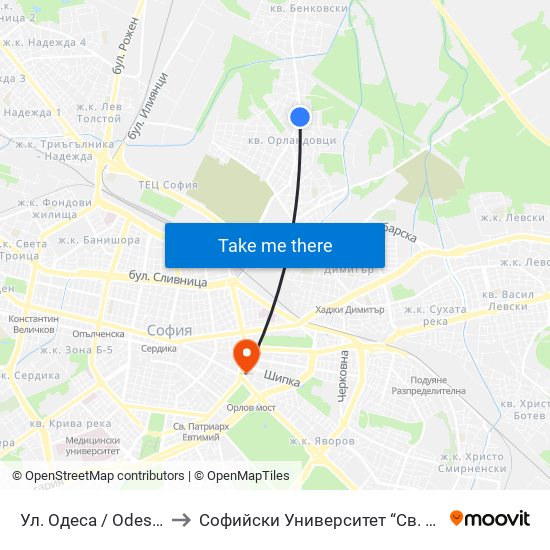 Ул. Одеса / Odessa St. (2355) to Софийски Университет “Св. Климент Охридски"" map