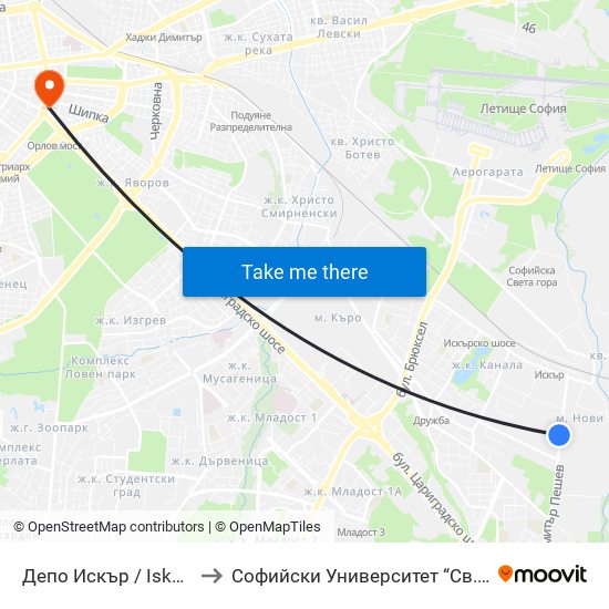Депо Искър / Iskar Depot (0519) to Софийски Университет “Св. Климент Охридски"" map