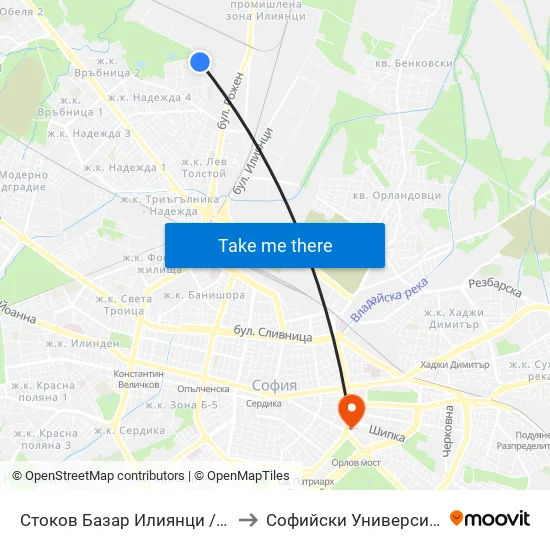 Стоков Базар Илиянци / Iliyantsi Commodity Market (0485) to Софийски Университет “Св. Климент Охридски"" map