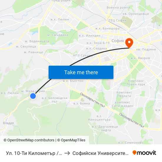 👋 Ул. 10-Ти Километър / 10-Ti Kilometar St. (0521) to Софийски Университет “Св. Климент Охридски"" map