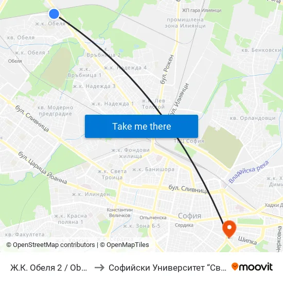 Ж.К. Обеля 2 / Obelya 2 Qr. (0680) to Софийски Университет “Св. Климент Охридски"" map