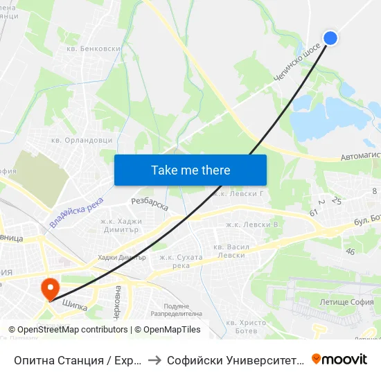 Опитна Станция / Experimental Station (1206) to Софийски Университет “Св. Климент Охридски"" map