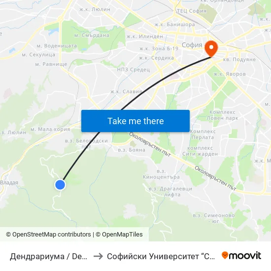 Дендрариума / Dendrariuma (6566) to Софийски Университет “Св. Климент Охридски"" map