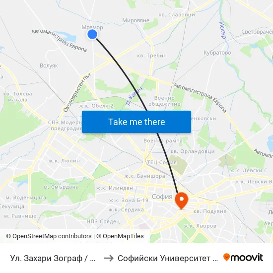 Ул. Захари Зограф / Zahari Zograf St. (2743) to Софийски Университет “Св. Климент Охридски"" map