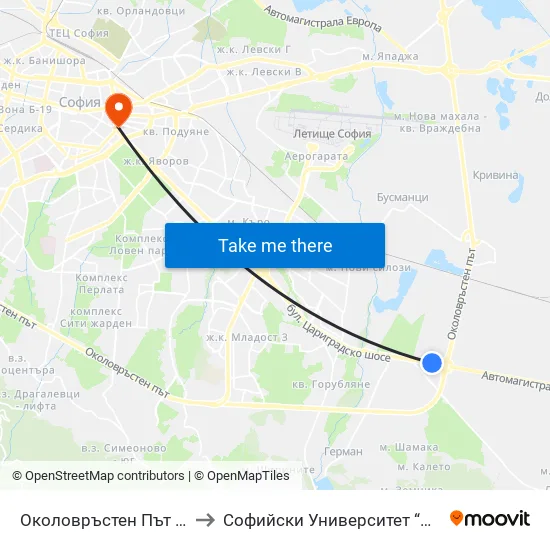 Околовръстен Път / Ring Road (1184) to Софийски Университет “Св. Климент Охридски"" map