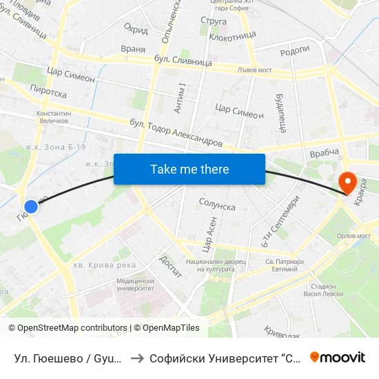 Ул. Гюешево / Gyueshevo St. (1156) to Софийски Университет “Св. Климент Охридски"" map