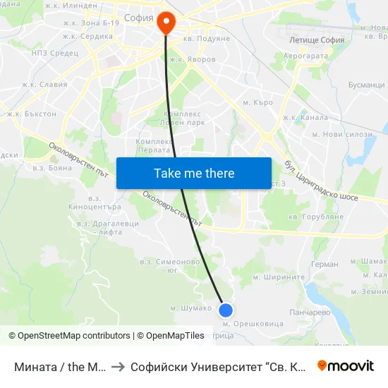 Мината / the Mine (1067) to Софийски Университет “Св. Климент Охридски"" map