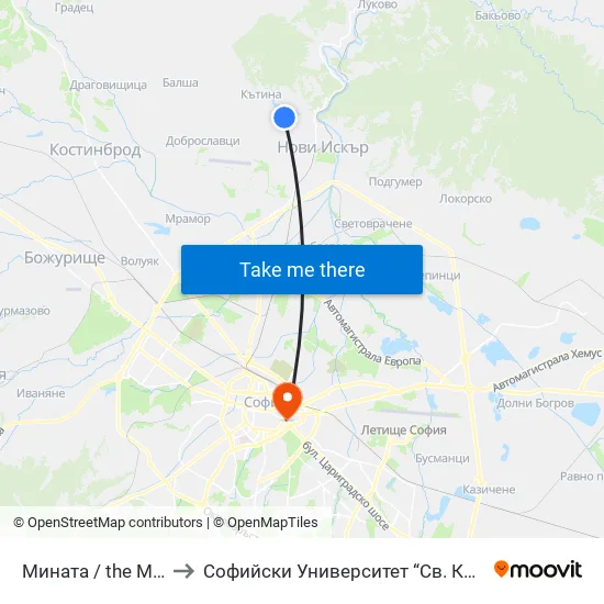 Мината / the Mine (1066) to Софийски Университет “Св. Климент Охридски"" map