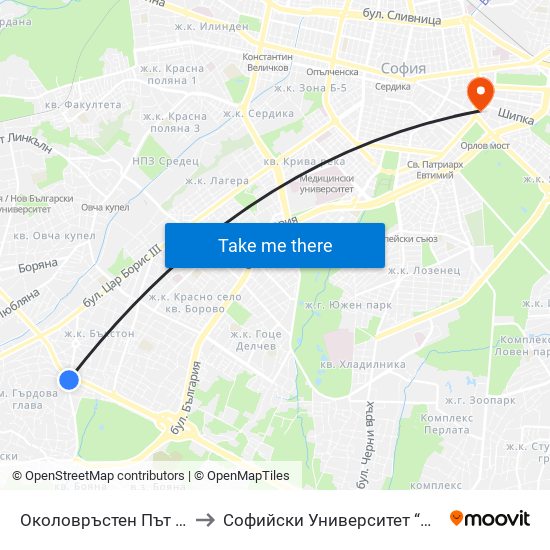 Околовръстен Път / Ring Road (1179) to Софийски Университет “Св. Климент Охридски"" map