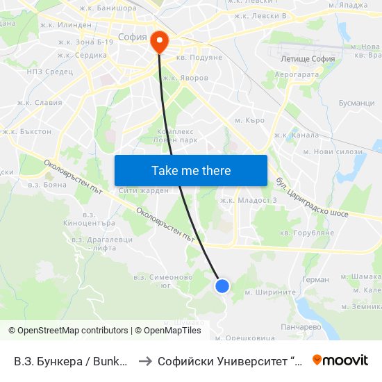В.З. Бункера / Bunkera Villa Zone (2656) to Софийски Университет “Св. Климент Охридски"" map