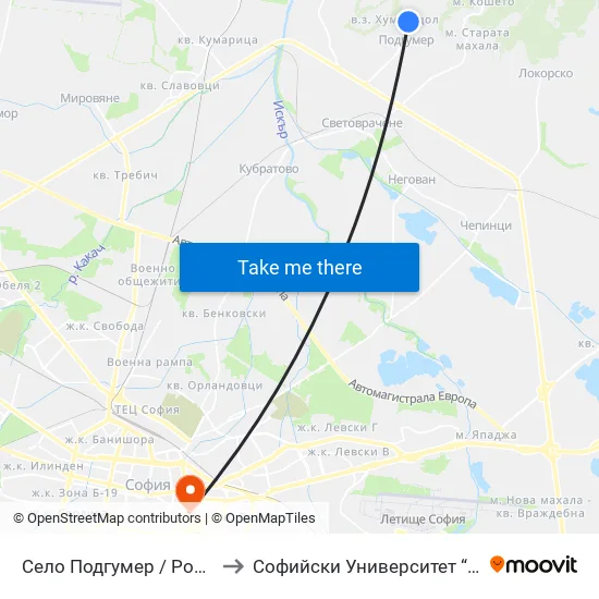 Село Подгумер / Podgumer Village (2188) to Софийски Университет “Св. Климент Охридски"" map