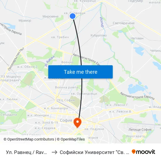 👋 Ул. Равнец / Ravnets St. (2151) to Софийски Университет “Св. Климент Охридски"" map