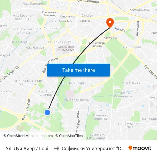 Ул. Луи Айер / Louis Eyer St. (2034) to Софийски Университет “Св. Климент Охридски"" map