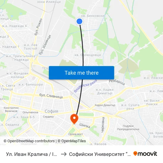 Ул. Иван Кралича / Ivan Kralicha St. (1953) to Софийски Университет “Св. Климент Охридски"" map