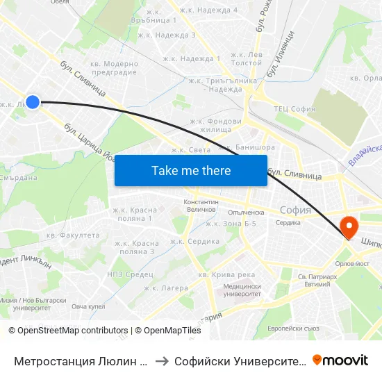 Ⓜ️ Метростанция Люлин / Lyulin Metro Station (1057) to Софийски Университет “Св. Климент Охридски"" map