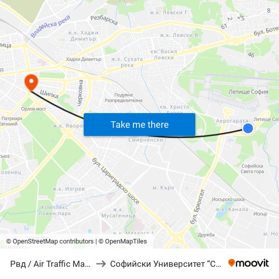 Рвд / Air Traffic Management (2453) to Софийски Университет “Св. Климент Охридски"" map