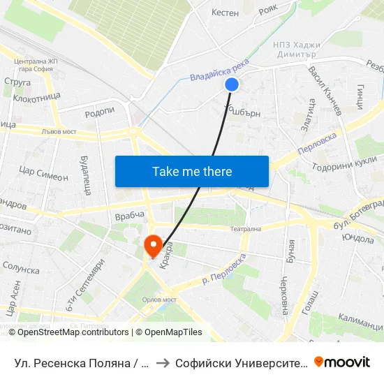 Ул. Ресенска Поляна / Resenska Polyana St. (2156) to Софийски Университет “Св. Климент Охридски"" map