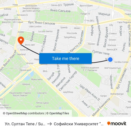 Ул. Султан Тепе / Sultan Tepe St. (2195) to Софийски Университет “Св. Климент Охридски"" map