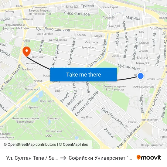 Ул. Султан Тепе / Sultan Tepe St. (2195) to Софийски Университет “Св. Климент Охридски"" map