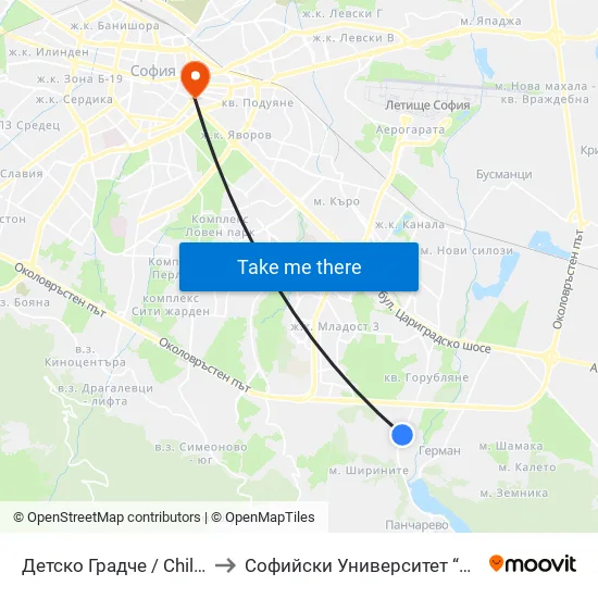 Детско Градче / Children’S Town (0536) to Софийски Университет “Св. Климент Охридски"" map