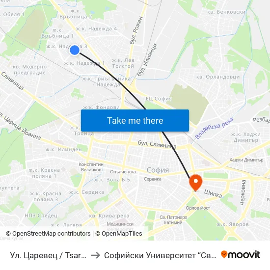 Ул. Царевец / Tsarevets St. (6217) to Софийски Университет “Св. Климент Охридски"" map