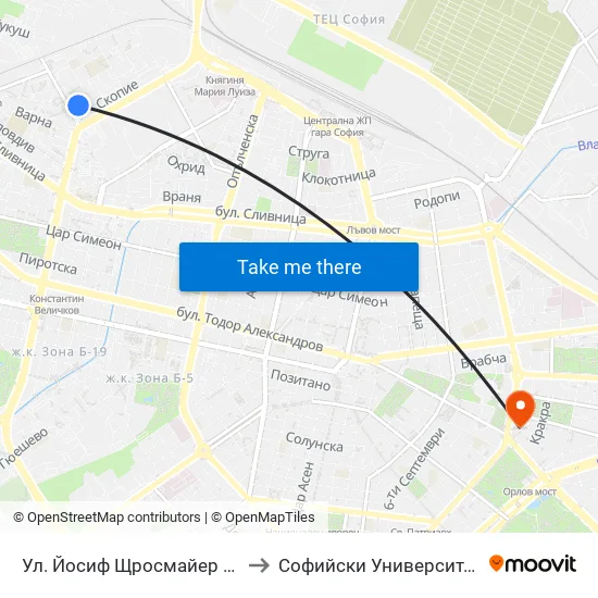 Ул. Йосиф Щросмайер / Josip Strossmeyer St. (1968) to Софийски Университет “Св. Климент Охридски"" map