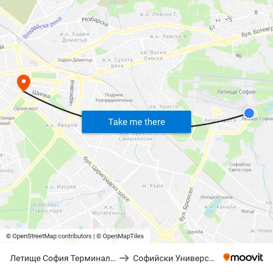 ✈️ Летище София Терминал 2 / Sofia Airport Terminal 2 (2455) ✈ to Софийски Университет “Св. Климент Охридски"" map