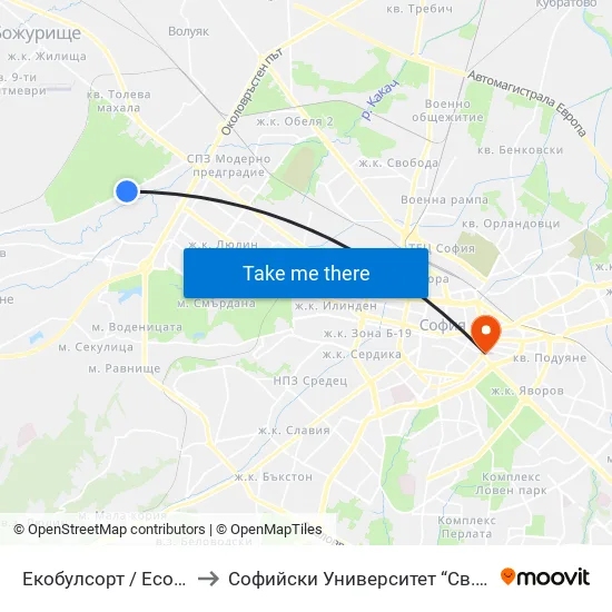 Екобулсорт / Ecobulsort (2521) to Софийски Университет “Св. Климент Охридски"" map