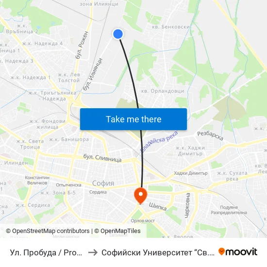 Ул. Пробуда / Probuda St. (2139) to Софийски Университет “Св. Климент Охридски"" map