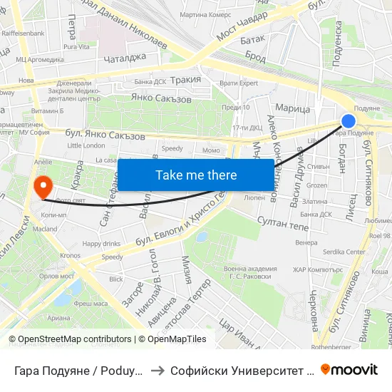 Гара Подуяне / Poduyane Train Station (0471) to Софийски Университет “Св. Климент Охридски"" map