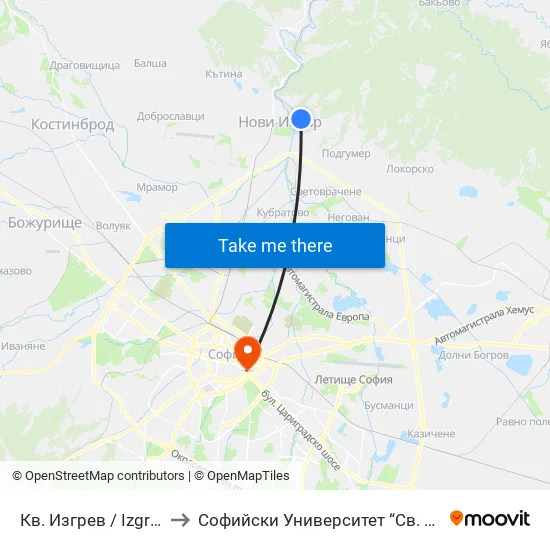 Кв. Изгрев / Izgrev Qr. (0841) to Софийски Университет “Св. Климент Охридски"" map