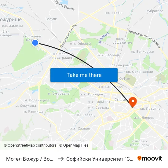 Мотел Божур / Bozhur Motel (1106) to Софийски Университет “Св. Климент Охридски"" map