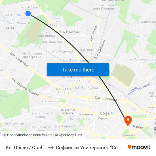 Кв. Обеля / Obelya Qr. (0873) to Софийски Университет “Св. Климент Охридски"" map