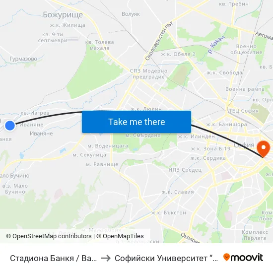 👋 Стадиона Банкя / Bankya Stadium (1619) to Софийски Университет “Св. Климент Охридски"" map