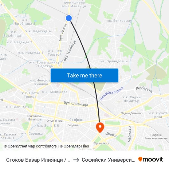 Стоков Базар Илиянци / Iliyantsi Commodity Market (0755) to Софийски Университет “Св. Климент Охридски"" map