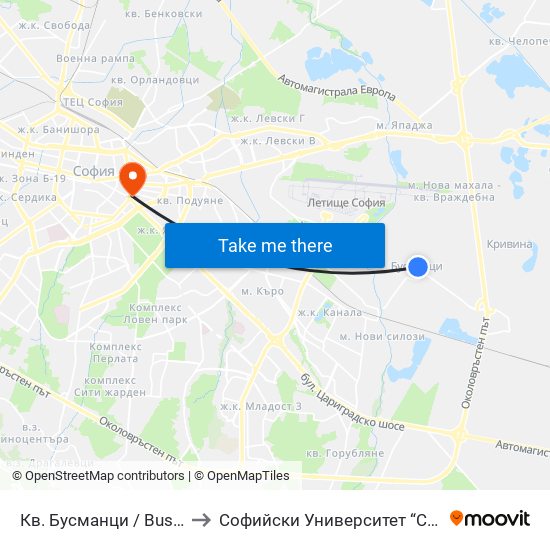 Кв. Бусманци / Busmantsi Qr. (0816) to Софийски Университет “Св. Климент Охридски"" map