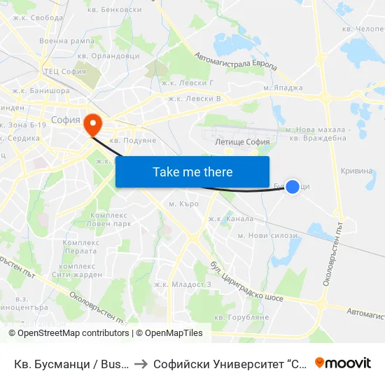 Кв. Бусманци / Busmantsi Qr. (0816) to Софийски Университет “Св. Климент Охридски"" map