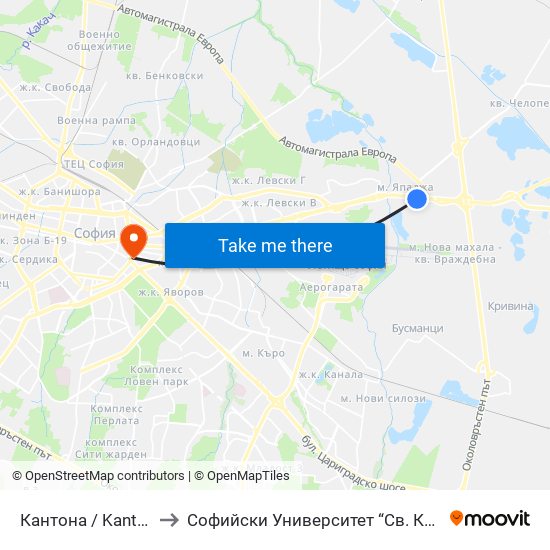 Кантона / Kantona (0793) to Софийски Университет “Св. Климент Охридски"" map