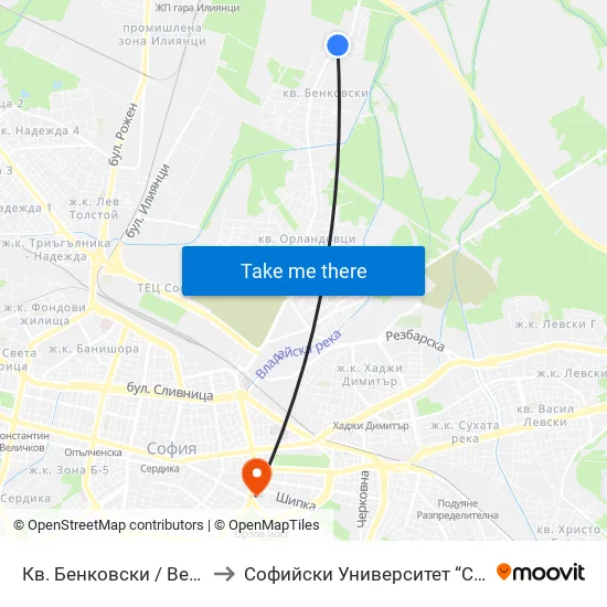 Кв. Бенковски / Benkovski Qr. (0805) to Софийски Университет “Св. Климент Охридски"" map