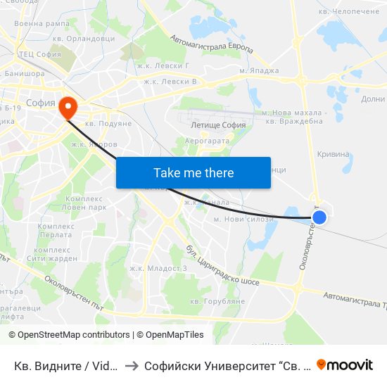 Кв. Видните / Vidnite Qr. (0819) to Софийски Университет “Св. Климент Охридски"" map