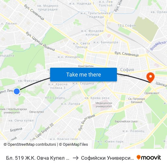 Бл. 519 Ж.К. Овча Купел 1 / Bl. 519, Ovcha Kupel 1 Qr. (0230) to Софийски Университет “Св. Климент Охридски"" map