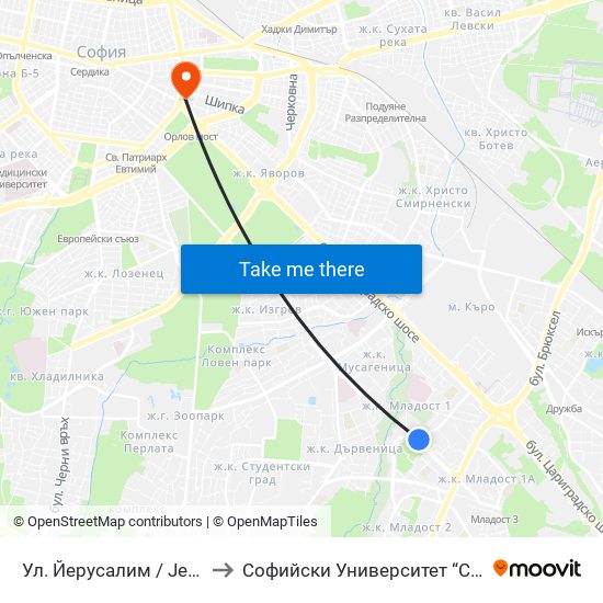 Ул. Йерусалим / Jerusalem St. (2471) to Софийски Университет “Св. Климент Охридски"" map