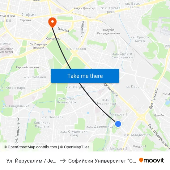 Ⓜ️ Ул. Йерусалим / Jerusalem St. (2471) to Софийски Университет “Св. Климент Охридски"" map