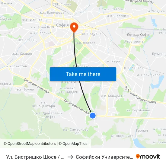 🛍️ Ул. Бистришко Шосе / Bistrishko Shosse St. (0865) to Софийски Университет “Св. Климент Охридски"" map