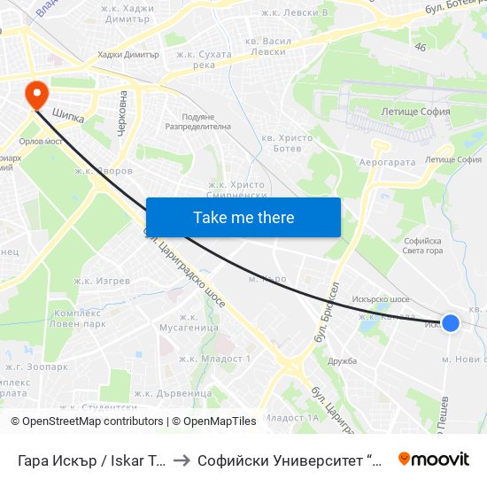 Гара Искър / Iskar Train Station (0825) to Софийски Университет “Св. Климент Охридски"" map