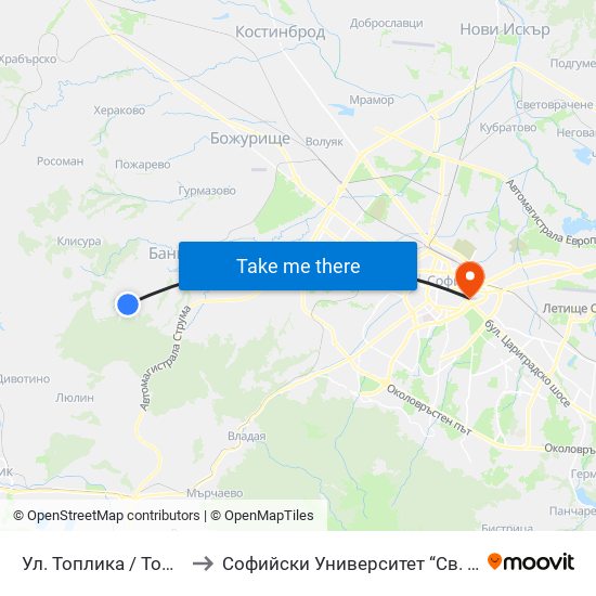 Ул. Топлика / Toplika St. (0869) to Софийски Университет “Св. Климент Охридски"" map