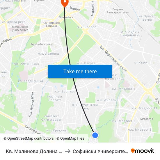 Кв. Малинова Долина / Malinova Dolina Qr. (0423) to Софийски Университет “Св. Климент Охридски"" map