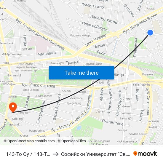 143-То Оу / 143-Th School (166) to Софийски Университет “Св. Климент Охридски"" map