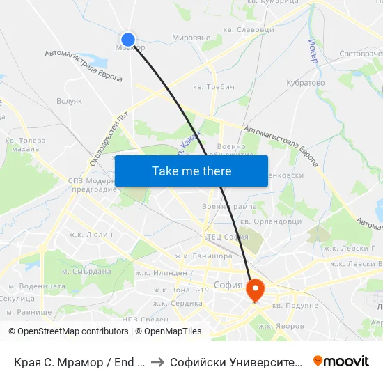 Края С. Мрамор / End Of Mramor Village (0439) to Софийски Университет “Св. Климент Охридски"" map